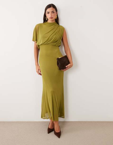 ASOS DESIGN one sleeve drape bodice maxi dress in green