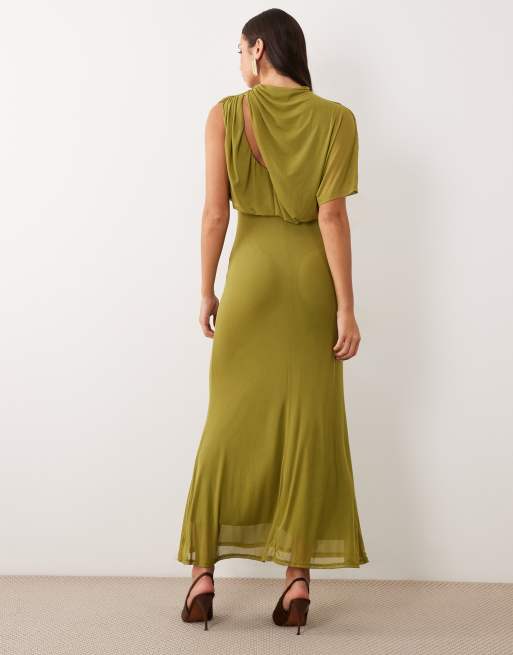 ASOS DESIGN one sleeve drape bodice maxi dress in green, 3 of 4