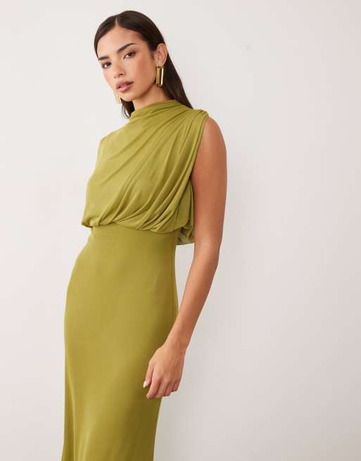 ASOS DESIGN one sleeve drape bodice maxi dress in green, 4 of 4