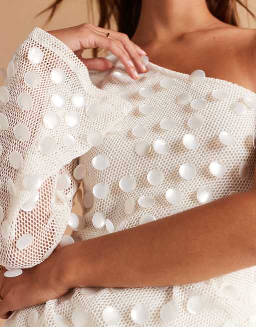 ASOS DESIGN one sleeve faux pearl sequins crochet mini dress in cream
