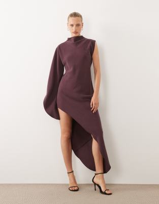 Asos Design One Sleeve High Neck Maxi Dress With Asymmetric Hem In Brown