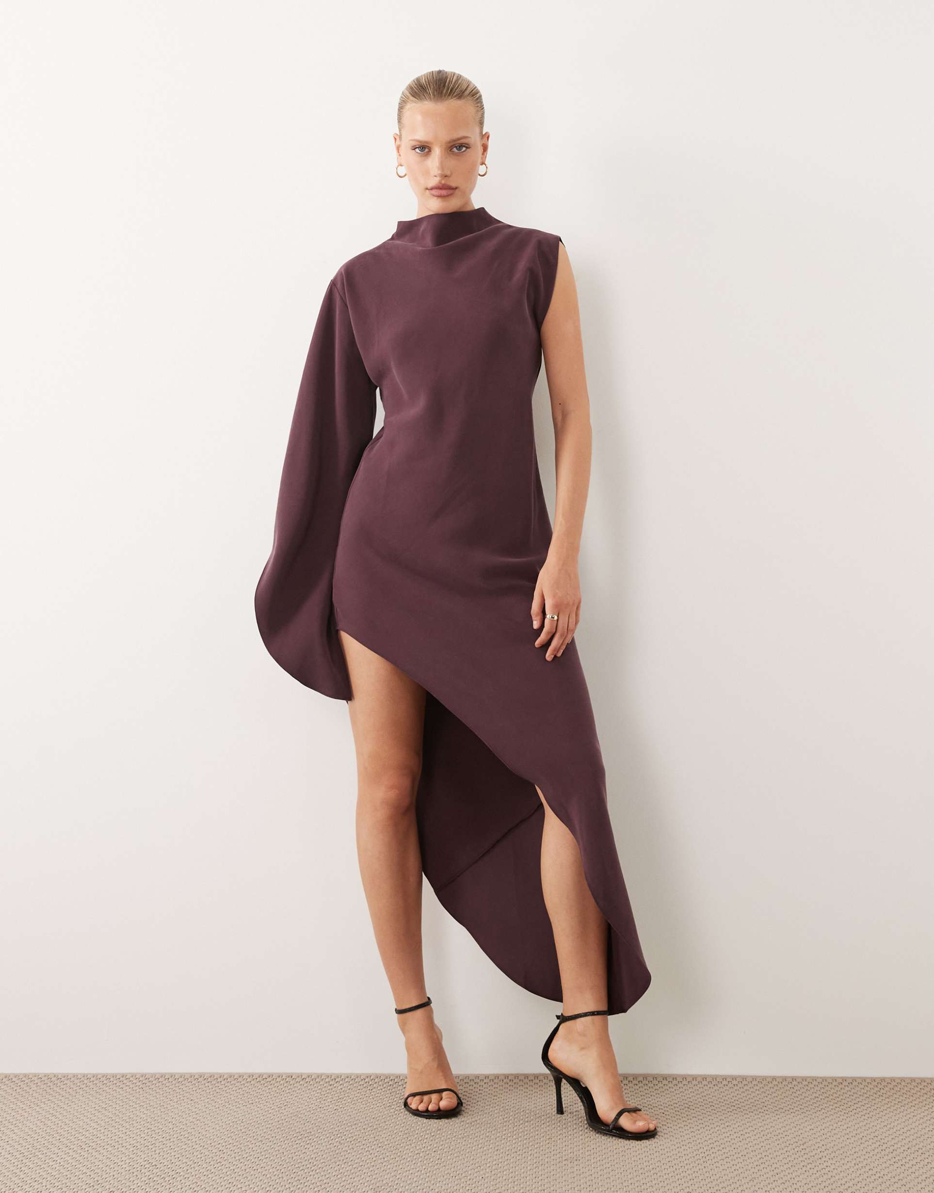 asos design one sleeve high neck maxi dress with asymmetric hem in brown