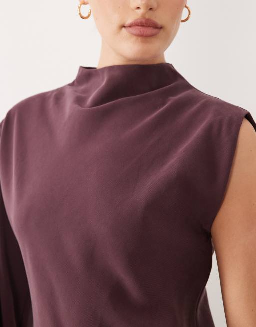 ASOS DESIGN one sleeve high neck maxi dress with asymmetric hem in brown, 3 of 4