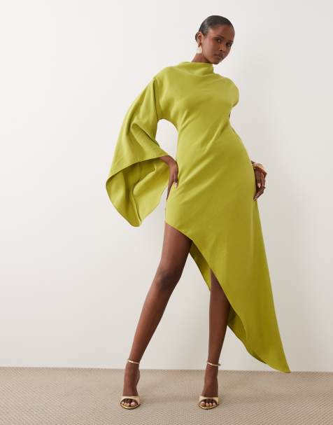 ASOS DESIGN one sleeve high neck maxi dress with asymmetric hem in Light Green - view 1