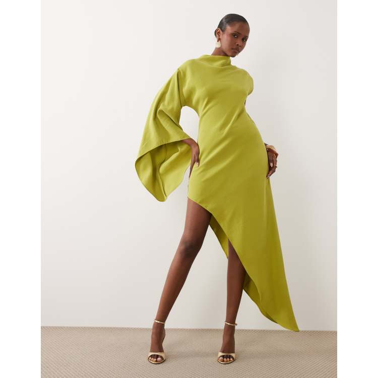 high sleeved asymmetric dress ASOS EDITION high neck cape sleeve mini dress with asymmetric hem in cobalt  blue