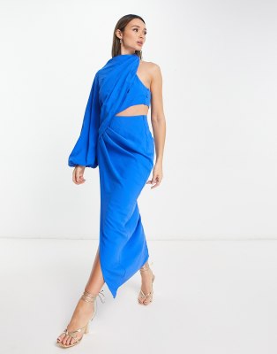 ASOS DESIGN one sleeve maxi dress with cut out waist detail in cobalt blue  | ASOS