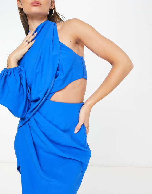 white christmas dresses Asos Edition Puff Sleeve Midi Dress With Cut Out Back And Beaded Embroidery  In Blue main image 0