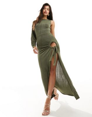 ASOS DESIGN one sleeve maxi dress with cutout and drawstring in khaki