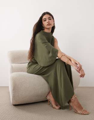 Asos Design One Sleeve Maxi Dress With Pleat Waist Detail In Green