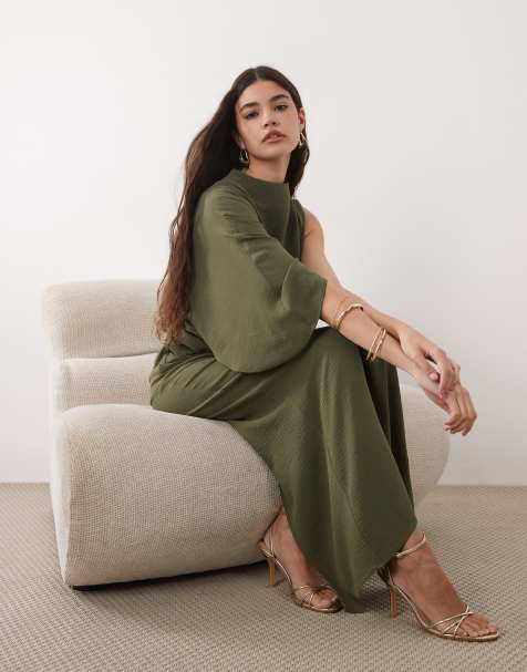 ASOS DESIGN one sleeve maxi dress with pleat waist detail in khaki - view 1