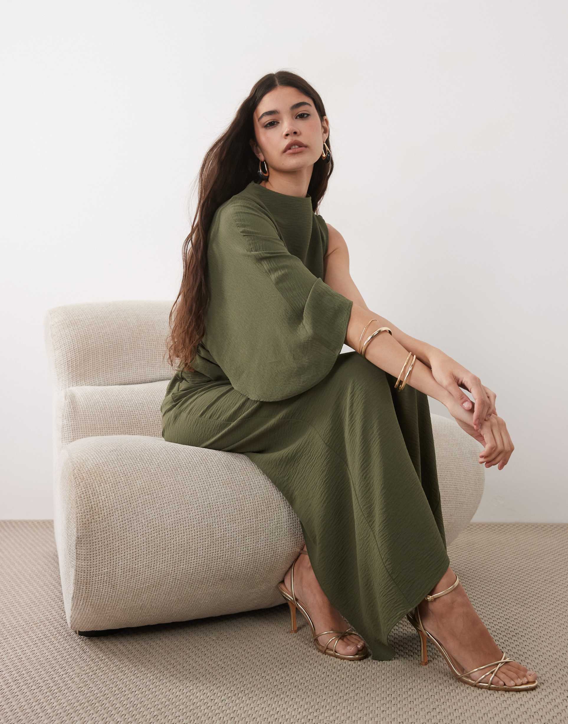 asos design one sleeve maxi dress with pleat waist detail in khaki