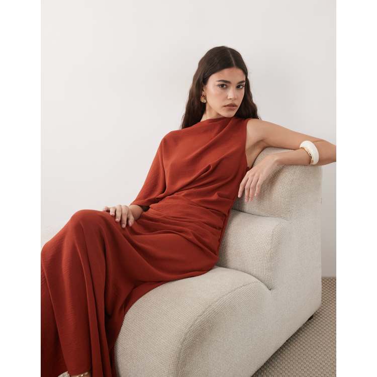 asos rust maxi dress ASOS DESIGN one sleeve maxi dress with drape bodice in rust