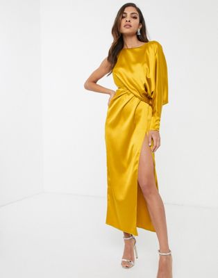 ASOS DESIGN one sleeve midaxi dress-Gold
