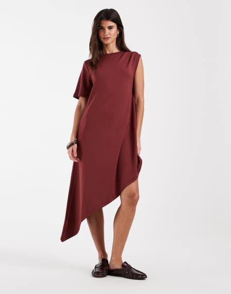 ASOS DESIGN one sleeve modal dress with asymmetric hem in wine - view 1