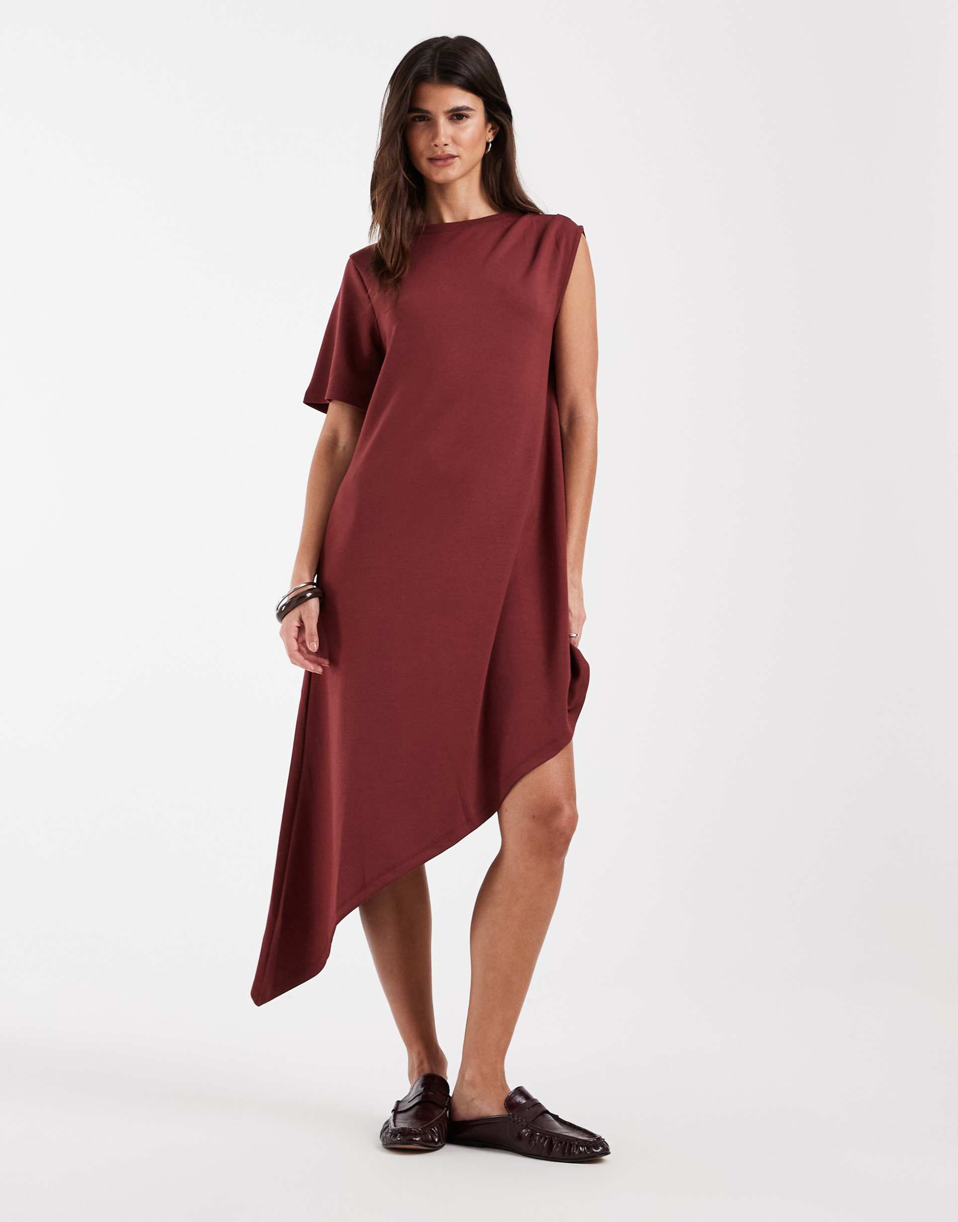 asos design one-sleeve modal dress with asymmetric hem in wine