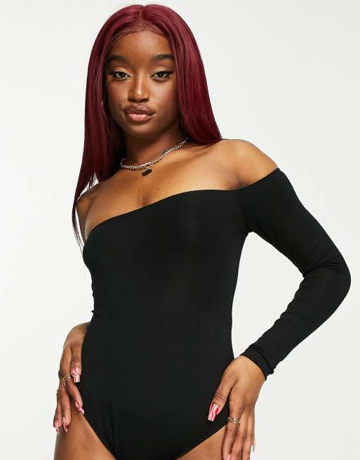 ASOS DESIGN one sleeve off shoulder bodysuit in black