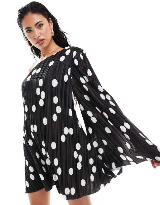 ASOS DESIGN one sleeve plisse mini dress in black and white polka dot print