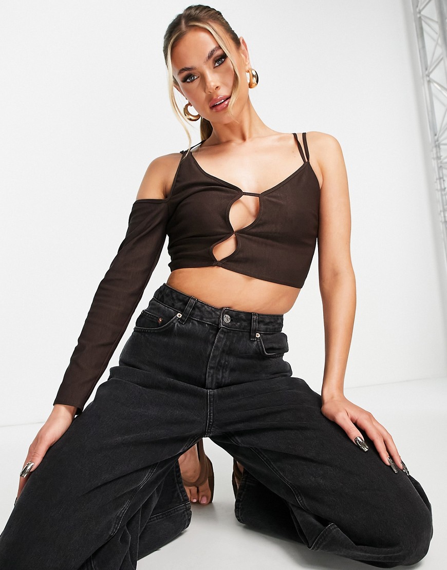 ASOS DESIGN one sleeve strappy cut out top in chocolate brown
