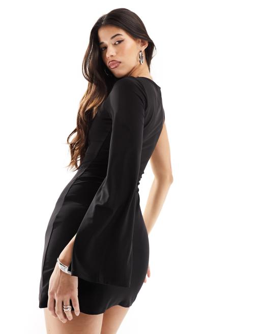 ASOS DESIGN one sleeve tie side mini dress in black, 4 of 4