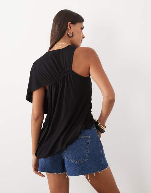 ASOS DESIGN one sleeve top with asymmetric drape detail in black, 4 of 4