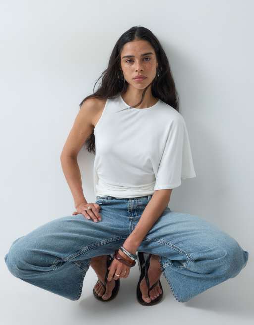 ASOS DESIGN one sleeve top with asymmetric drape detail in white, 2 of 5