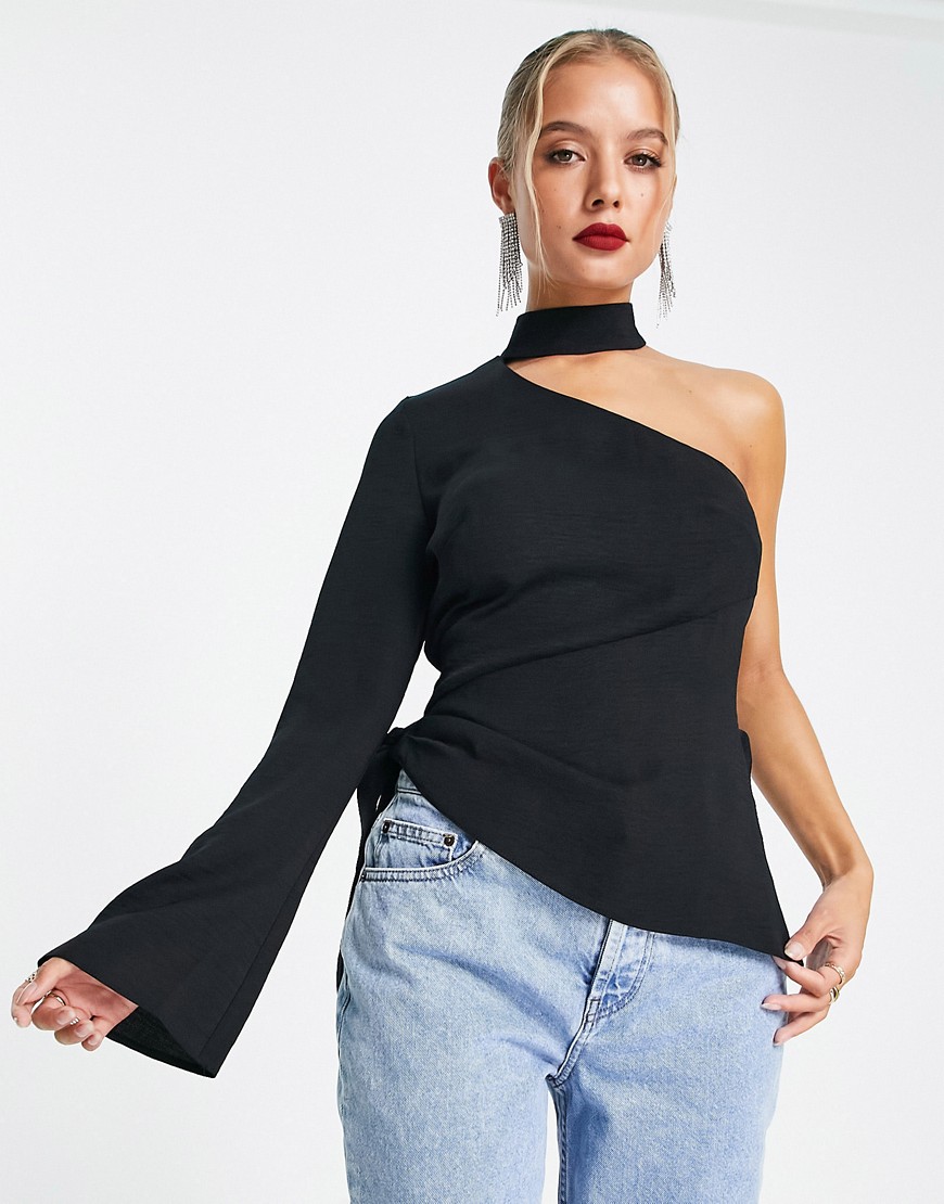 ASOS DESIGN one sleeve top with choker neck & tie side in black