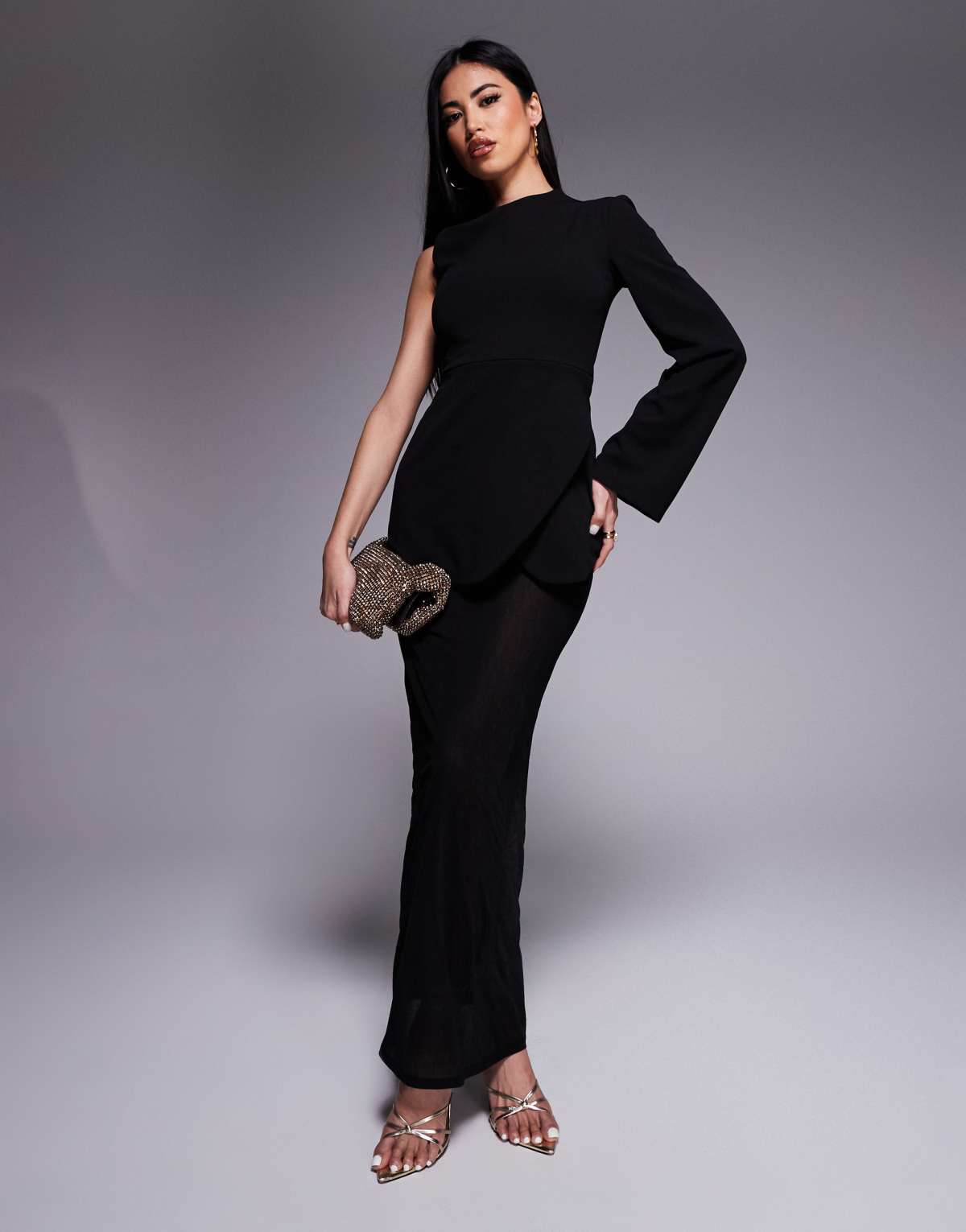 ASOS DESIGN one sleeve trim detail maxi dress with sheer skirt in black