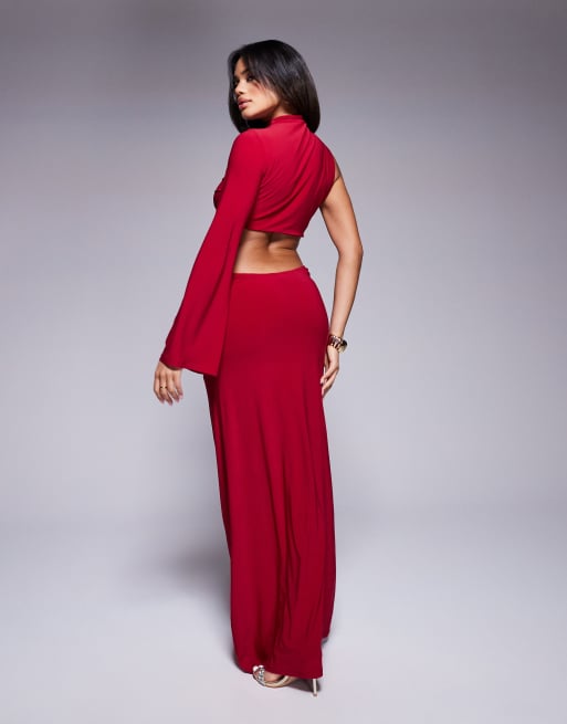 ASOS DESIGN one sleeve trim front twisted maxi dress in red, 3 of 4