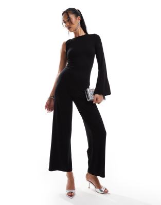 Asos Design One Sleeve Wide Leg Jumpsuit With Tie Shoulder In Black