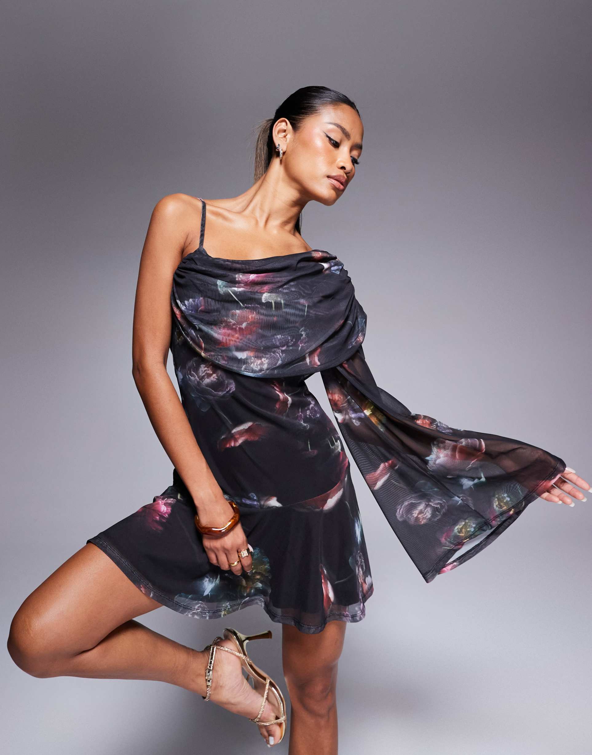 asos design one sleeve with asym drape mini dress in blurred floral mesh print