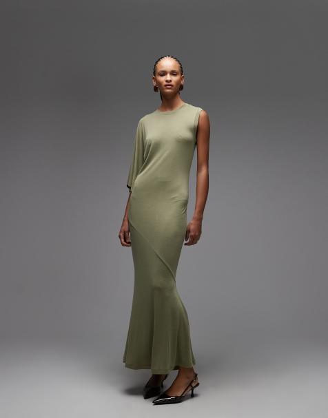 ASOS DESIGN one sleeved maxi fishtail dress in sage - view 1