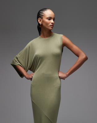 Asos Design One Sleeved Maxi Fishtail Dress In Green