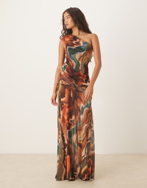 ASOS DESIGN - Oneshoulder-maxikjole i mesh med fuld nederdel og rynkede detaljer samt marmorprint - view 1