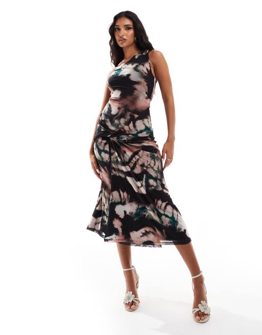 ASOS DESIGN - Oneshoulder-midikjole med bindebånd foran og mørkt, abstrakt print i mesh