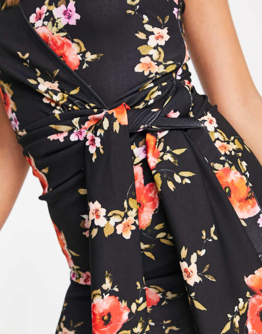 ASOS DESIGN - Oneshoulder-midikjole med knude i siden i sort blomstermønster, 3 af 4