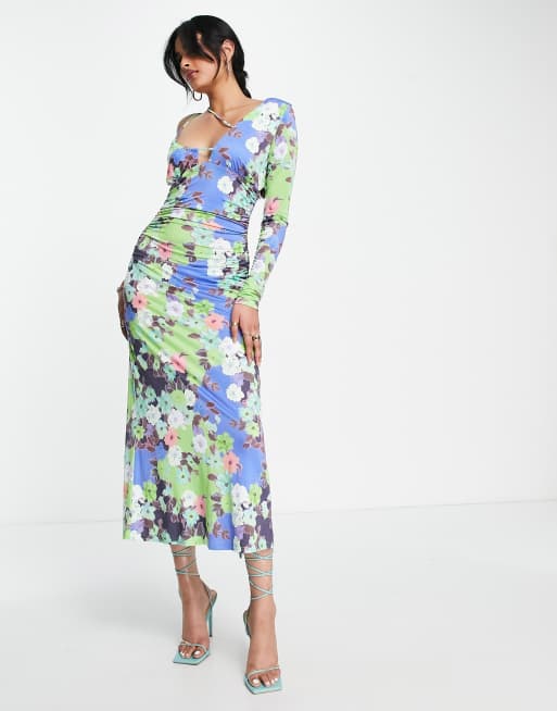ASOS DESIGN - Oneshoulder-midikjole med stropper, rynkede detaljer og lyst blomstermønster 