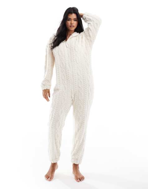 ASOS DESIGN - Onesie da casa in pile morbidissimo testurizzato a trecce color crema - view 1