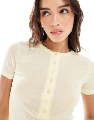 Asos Design Onion Mesh Button Through Top In Yellow