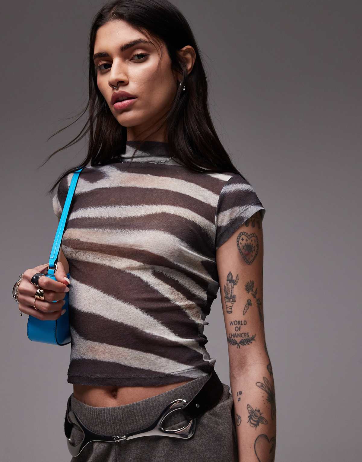ASOS DESIGN onion mesh printed zebra animal tee with grown on neck in brown