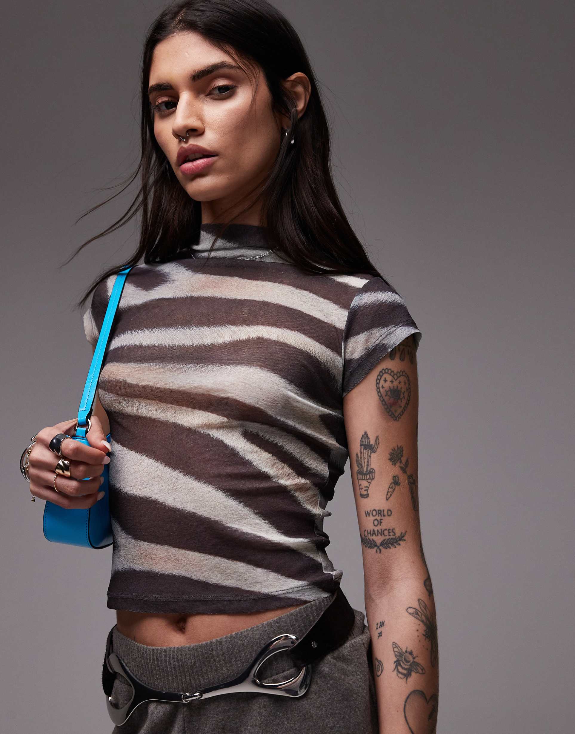 asos design onion mesh printed zebra animal tee with grown-on neck in brown