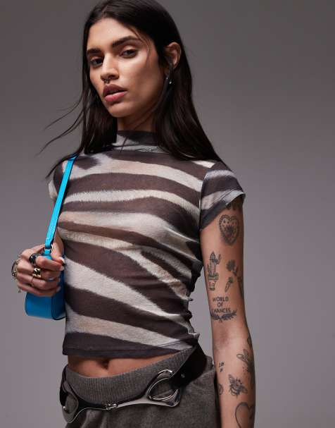ASOS DESIGN onion mesh printed zebra animal tee with grown on neck in brown