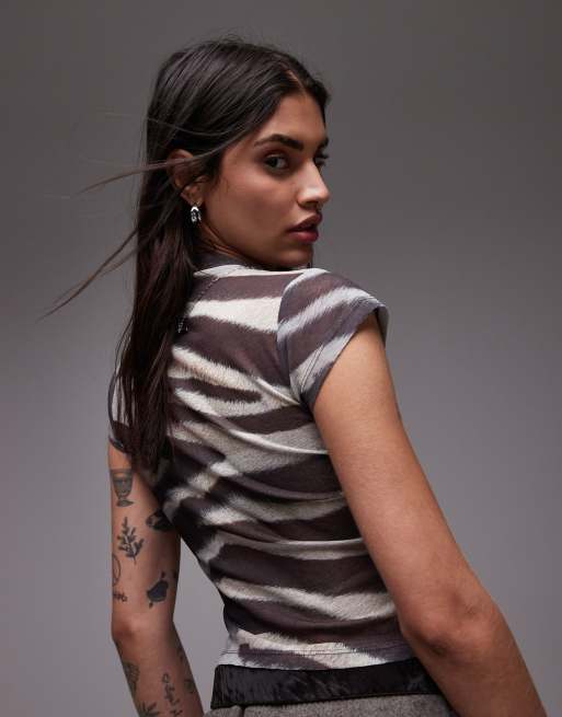 ASOS DESIGN onion mesh printed zebra animal tee with grown-on neck in brown