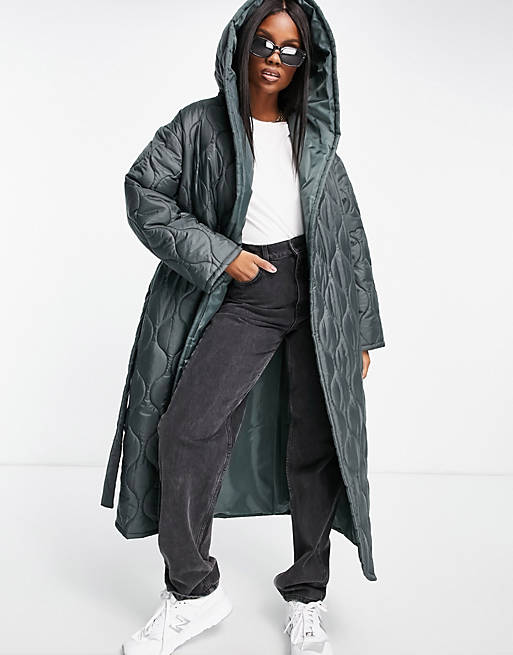Coats & Jackets onion quilted hooded wrap maxi coat in dark khaki 