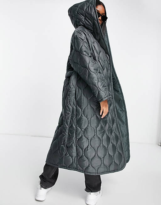 Coats & Jackets onion quilted hooded wrap maxi coat in dark khaki 