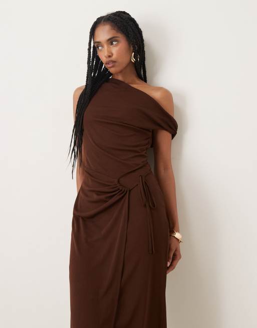 shoulder tie midi dress Jemma One / Pale Blue | MESHKI The JEMMA One Shoulder Tie Midi Dress blends fluid draping with a striking Green & White Geo Stripe