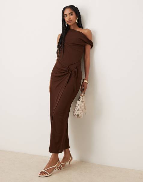ASOS DESIGN onion skin fallen shoulder tie wrap midi dress in dark chocolate