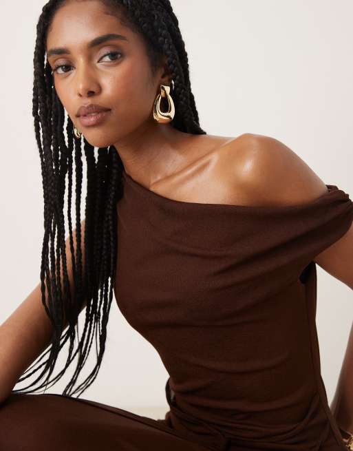ASOS DESIGN onion skin fallen shoulder tie wrap midi dress in dark chocolate, 2 of 4
