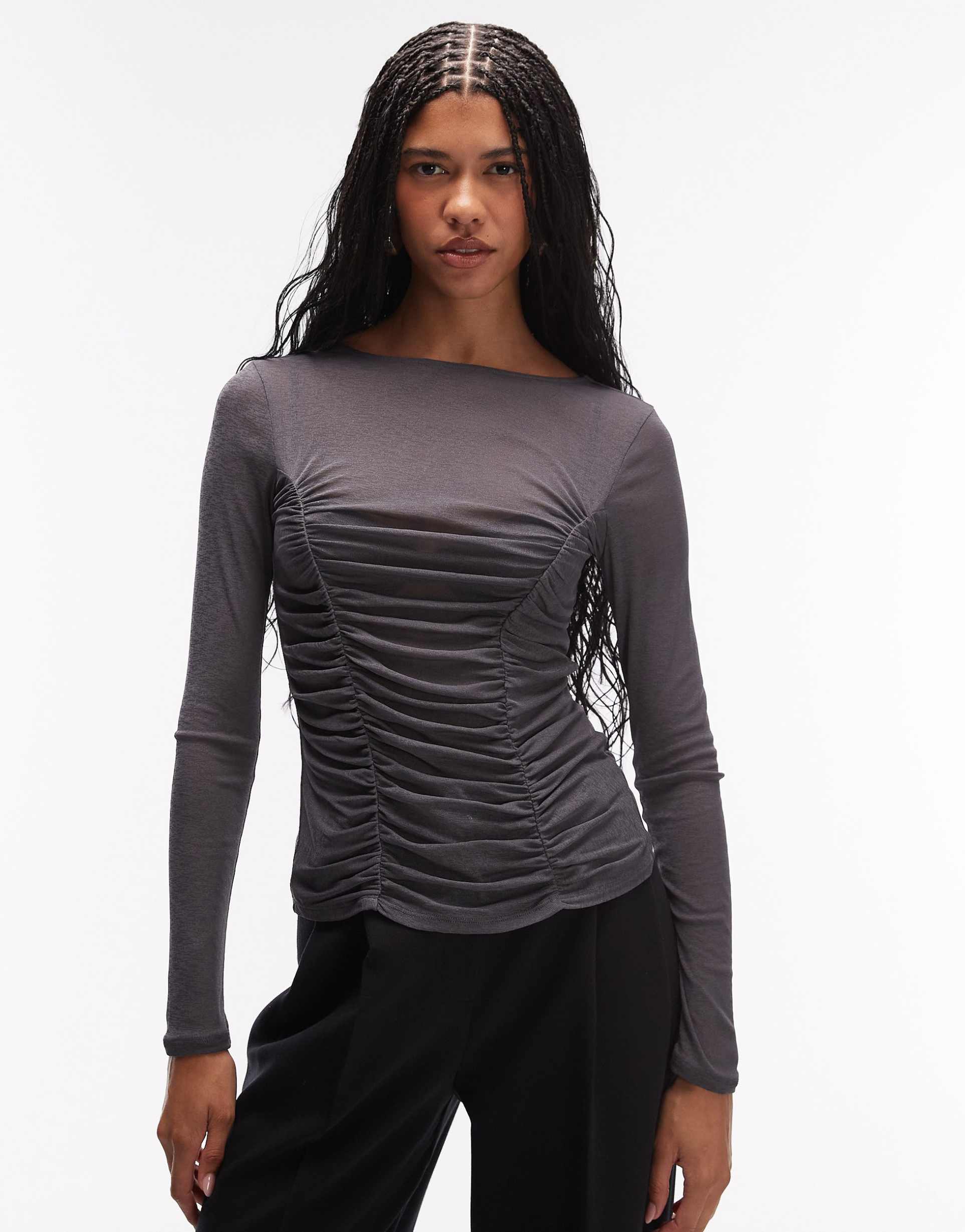 asos design onion skin ruched bodice long sleeve top in charcoal