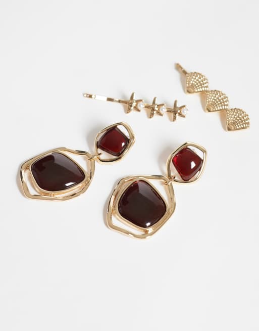ASOS DESIGN - Oorbellen met bordeauxrood hangertje van hars in goudkleur, 2 van 4
