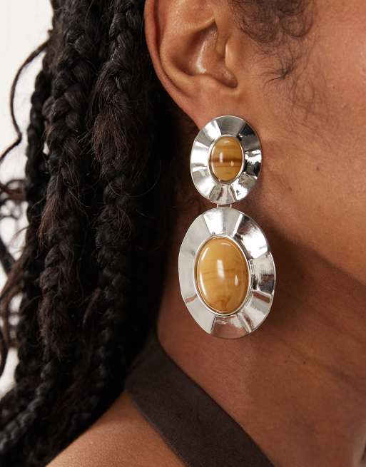 ASOS DESIGN - Oorbellen met hangertje met dubbele steen in zilverkleur, 2 van 4